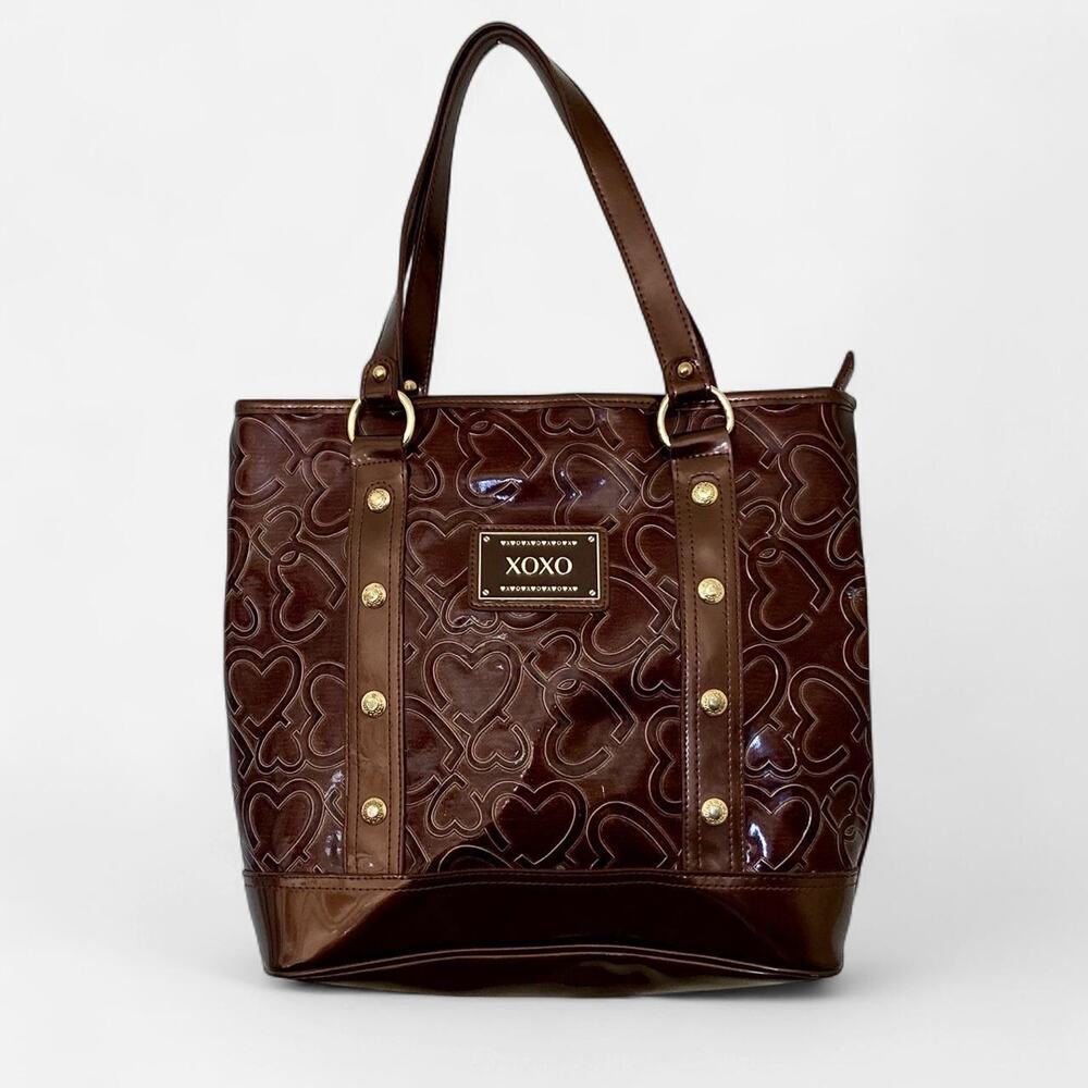 2000S XOXO Brown Glossy Patent Leather Heart Embossed Y2K Tote Shoulder Bag